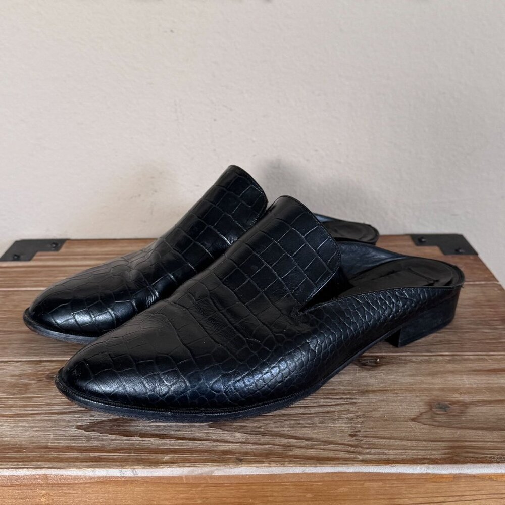 Robert Clergerie Alice Black Leather Croc Embossed Slip On Mule Size 40.5/US 9.5